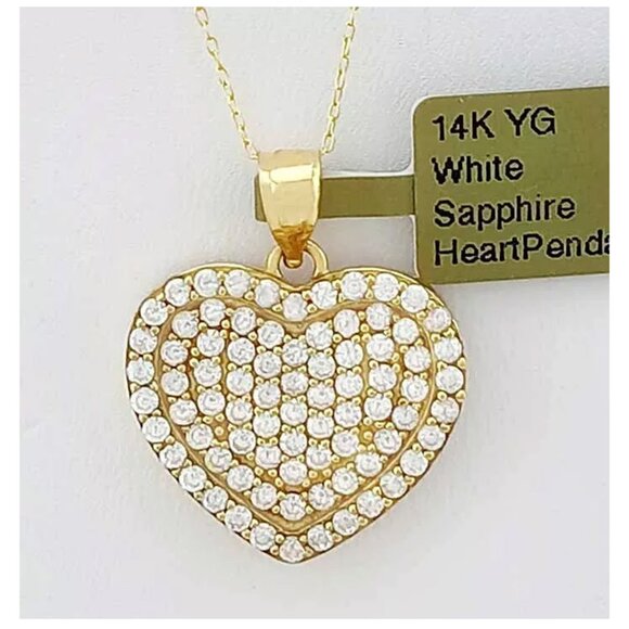 Created 1.50 Cts White Sapphire Heart Pendant 14k Yellow Gold